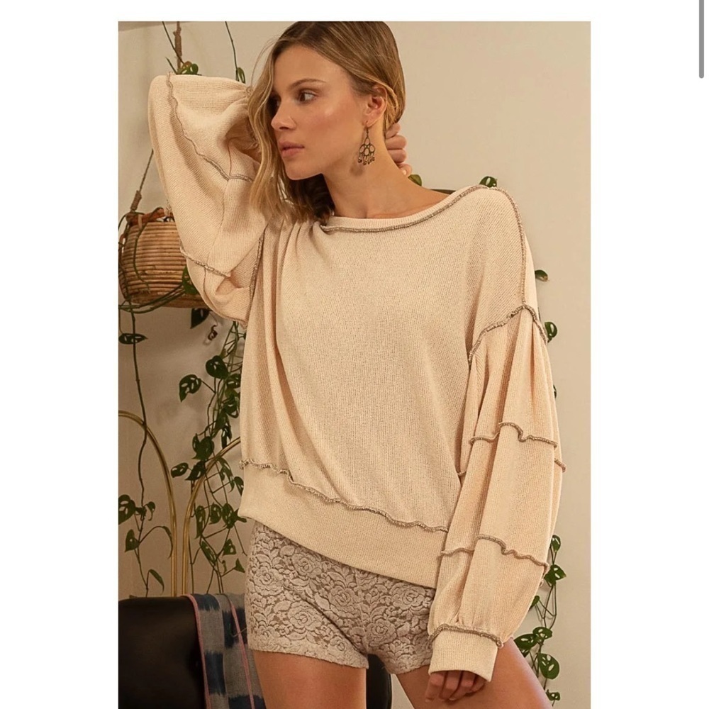 Cut Sew Sweater Knit Exposed Seam Sweatshirt - Picture 4 of 10